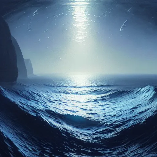 Image similar to point of view of botom of the ocean looking up, see fishes, the milk way, night time, midnight, no sunlight. highly detailed painting by, greg rutkowski 8 k