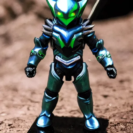 Image similar to High Fantasy Kamen Rider with a Mini Figure Gimmick, glowing eyes, moody colors, rock quarry daytime, grey rubber undersuit, segmented armor, Guyver Dark Hero