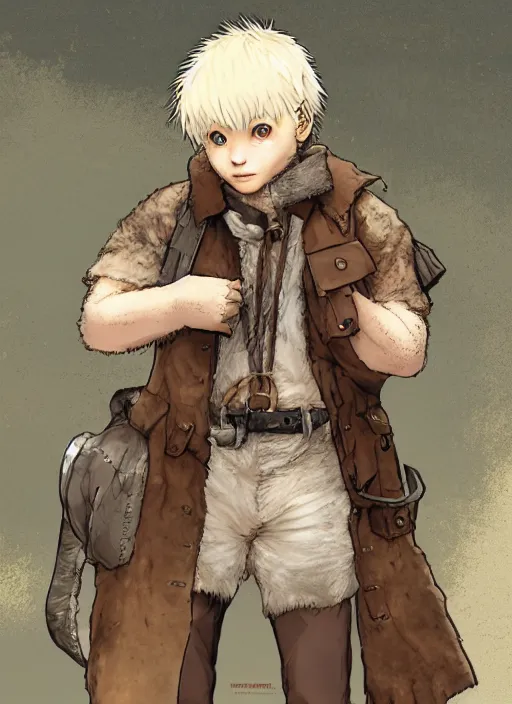 Image similar to character portrait of a anthro!! albino mountain lion wearing miner's clothes at the mines. hidari, color page, tankoban, 4K, tone mapping, Akihiko Yoshida.