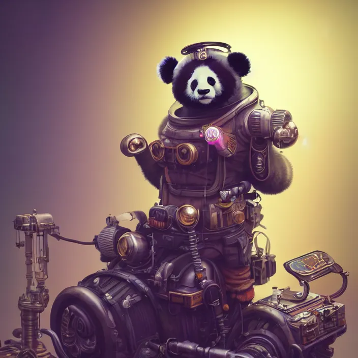 Image similar to dieselpunk android panda, vaporwave, naturel, glossy reflections, hyper detailed, digital art, trending in artstation, cinematic lighting, studio quality, smooth render, unreal engine 5 rendered, octane rendered, art style by klimt and nixeu and ian sprigger and wlop and krenz cushart.