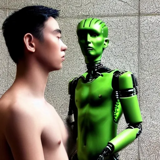 Image similar to “a realistic detailed photo of a guy who is an attractive humanoid who is half robot and half humanoid, who is a male android, Andres Lee, shiny skin, posing like a statue, blank stare”