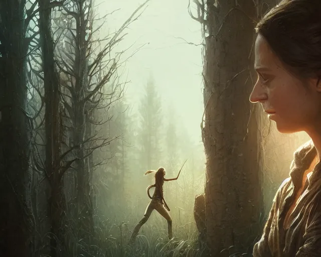 Image similar to highly detailed portrait of alicia vikander, in the walking dead, stephen bliss, unreal engine, fantasy art by greg rutkowski, loish, rhads, ferdinand knab, makoto shinkai and lois van baarle, ilya kuvshinov, rossdraws, tom bagshaw, global illumination, radiant light, detailed and intricate environment