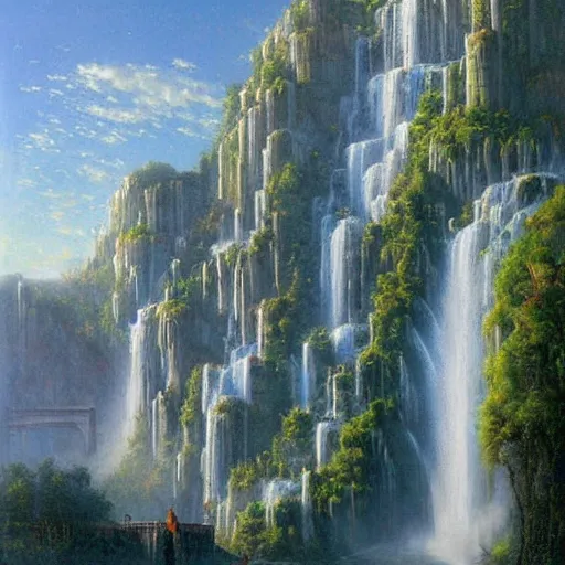 Image similar to waterfall city by james gurney