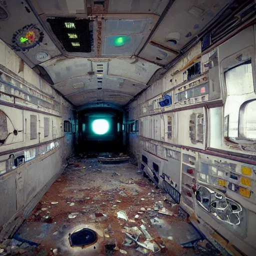 Prompt: the interior of an abandoned space station with windows into space