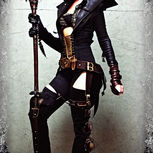 Image similar to photo of steampunk female rogue with daggers