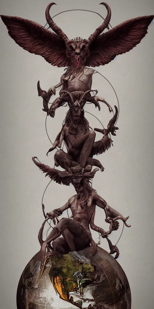 Image similar to a photorealistic render of baphomet sitting on a bloody earth globe, highly detailed, artstation, trending,