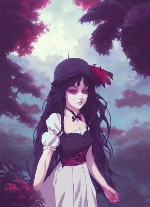 Image similar to portrait of gothic alice from wonderland, cloudy sky background lush landscape illustration concept art anime key visual trending pixiv fanbox by wlop and greg rutkowski and makoto shinkai and studio ghibli