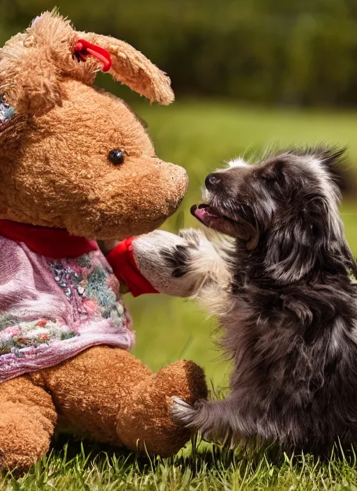 Prompt: a beautiful detailed photo of a dog playing with a teddy on a farm, realistic, f 8, 4 k hd wallpaper