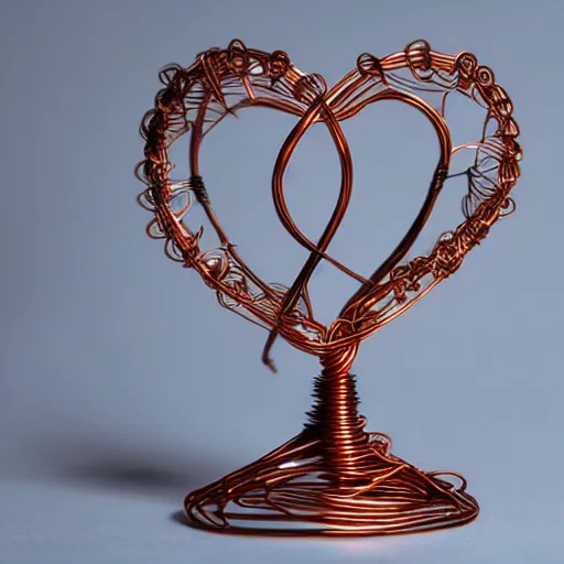 Image similar to a very beautiful tiny human heart organic sculpture made of copper wire and threaded pipes, very intricate, curved. studio lighting, high resolution, high quality, black background