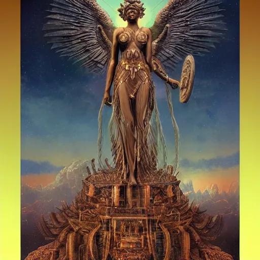 Prompt: A digital intricate masterpiece illustration concept art of a giant statue of Goddess Hera with its top in the heaven, taiga landscape + inspired art by Bruce Pennington, Ted Naismith, Daniel Merriam + symmetry + intricate complexity, epic composition, magical atmosphere, highly detailed, cinematic lighting + wide long shot, wide angle + trending on artstation + 8k