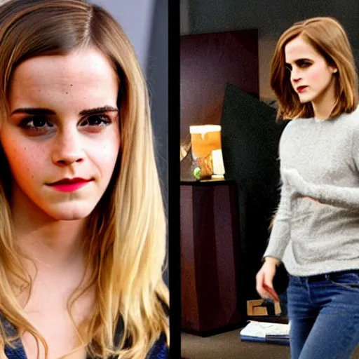 Image similar to emma watson transforming into a blonde horse in the middle of a living room, anthropomorphic mare