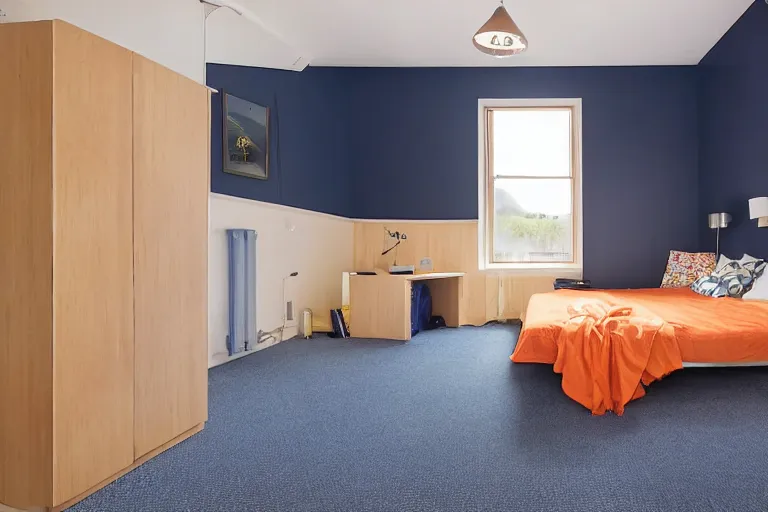 Prompt: a 10 by 11 foot room with a bed, big desk, two wooden wardrobes, a little side table in a light wood veneer, a window, desk fan, table light, and an old boxy TV carpeted with navy blue low pile carpet with a ceiling fan gives off a dim orange light, Ultra realistic