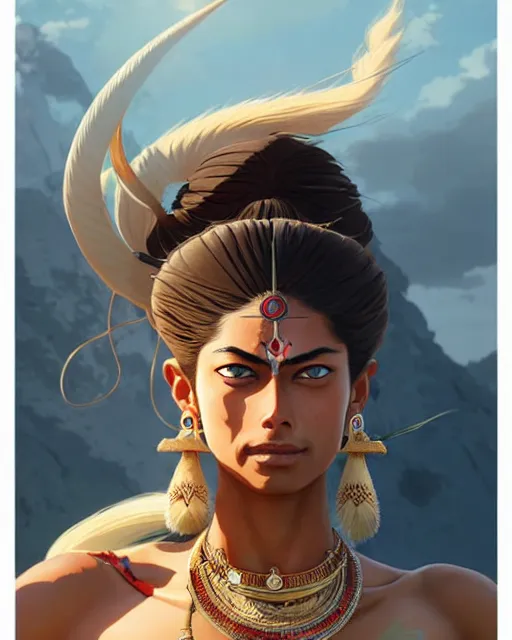 Prompt: indian warrior, doutzen kroes, detailed perfect face, exquisite details, septum piercing!!!!, wind magic, upper body, design on a white background, by studio muti, greg rutkowski makoto shinkai takashi takeuchi studio ghibli