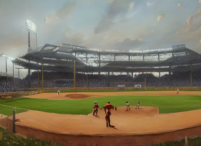 Prompt: a cornstalk baseball stadium, oil painting by jama jurabaev, extremely detailed, brush hard, artstation, for aaa game, high quality, brush stroke