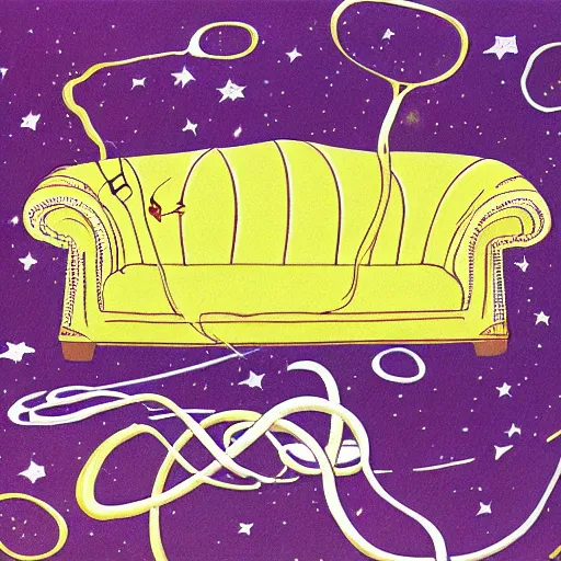 Image similar to couch sofa chesterfield flying through space psychedelic trippy eldritch horror cartoon