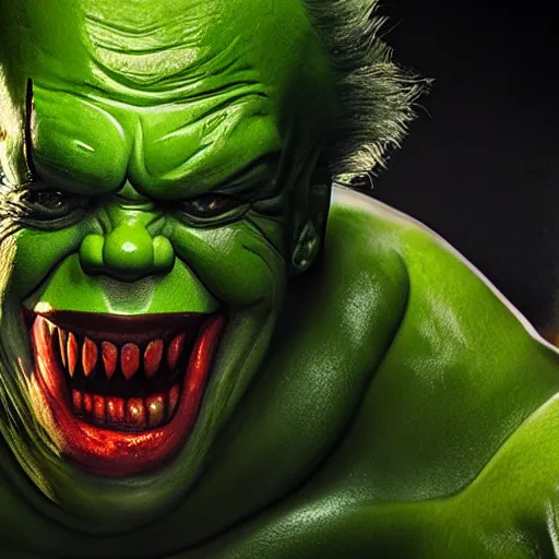 Prompt: hulk as pennywise, 8 k, realistic, photo real, smooth, sharp, intricate detail, hyper detail, dramatic lighting, dramatic shading