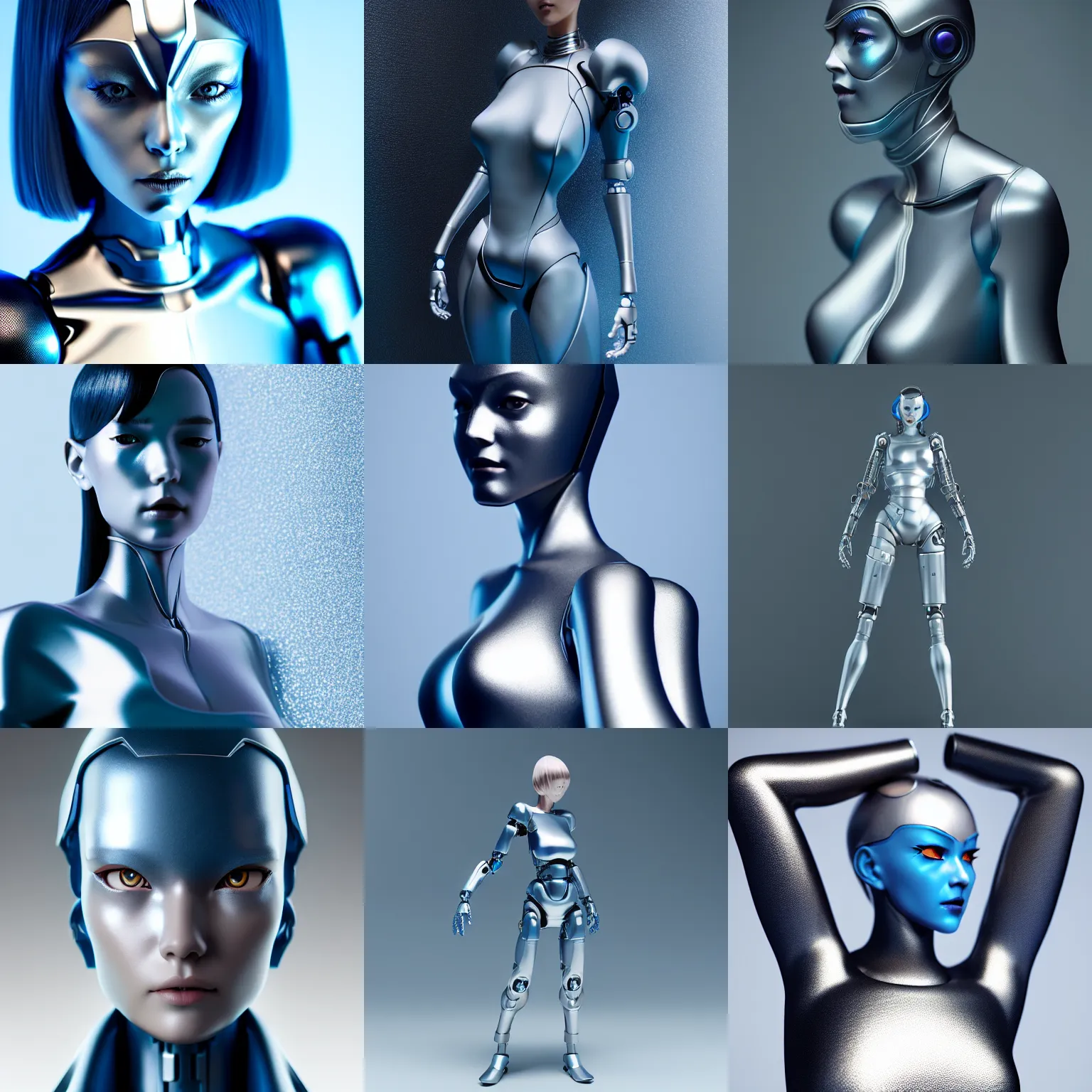 Prompt: perfect anime cyborg woman, porcelain, aluminium ( desgined by apple ), silver, blue soft details, soft!!, dark black dress, studio photo, octane render, studio lights, 8 0 mm lens