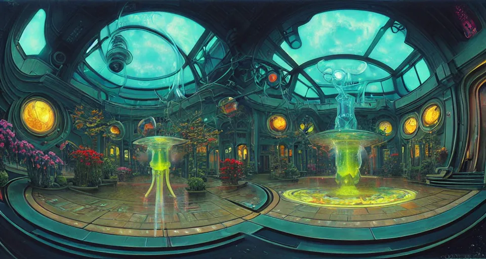 Image similar to fish eye lens a bright minimalist bioluminescent oil painting by donato giancola, warm coloured, cinematic scifi luxurious futuristic foggy steam filled victorian garden mall interior with microscopy radial windows flowers growing out of pretty bulbous ceramic fountains, gigantic pillars and flowers, maschinen krieger, beeple, star trek, star wars, ilm, atmospheric perspective