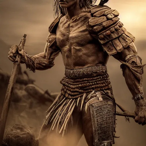 Image similar to muscular warrior with bark skin wearing intricate stone and wood armor, battlefield, highly detailed, dramatic lighting, cinematic, sci - fi, hyperrealistic, detailed