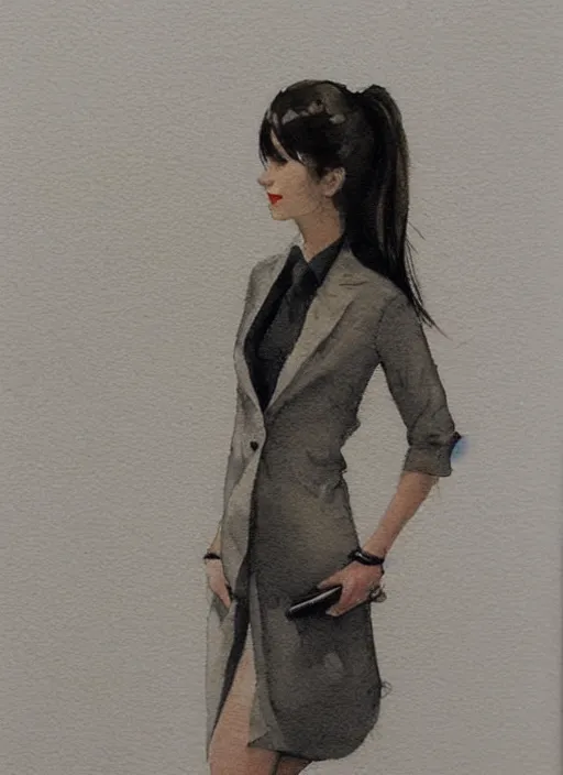 Image similar to concept art of a modern office life, young attractive business woman, pencil miniskirt, pinterest, artstation trending, behance, watercolor, by coby whitmore, silver, laser light,