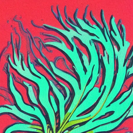 Image similar to vintage colored detailed illustration of random seaweed, neon colors