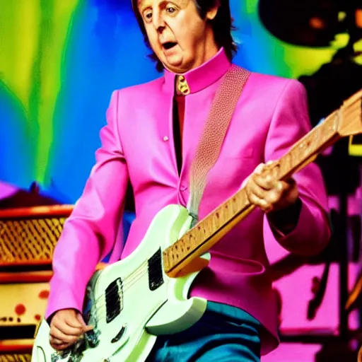 Prompt: Paul McCartney playing a Pink Squier Hello Kitty Stratocaster, 8k, high definition, highly detailed, photo-realistic