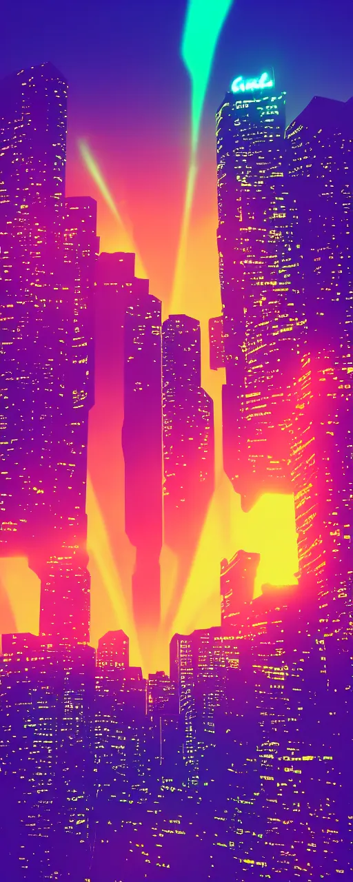 Image similar to night city, neon lights, glow, retrowave style, sunset