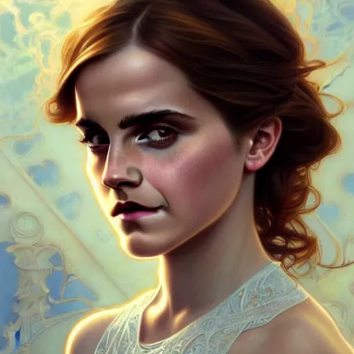 Prompt: beautiful detailed picture of emma watson, radiant light, art nouveau, intricate, elegant, highly detailed, my rendition, digital painting, artstation, concept art, smooth, sharp focus, illustration, art by artgerm and greg rutkowski and alphonse mucha