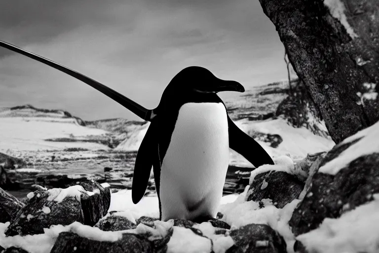 Image similar to movie scene closeup penguin wearing fishbone armor holding a katana sword in a lush arctic. by emmanuel lubezki