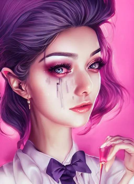 Image similar to beautiful, secretary woman, extremely detailed gorgeous face, looks realistic, hyper-detailed portrait, sad eyes tears, vaporwave aesthetic, synthwave, magical, fantasy, ninchaku , artist Artgerm i and WLOP