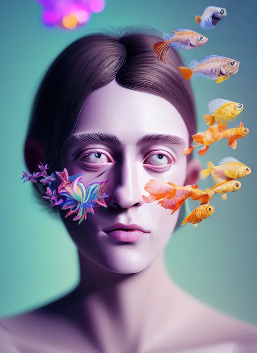 Prompt: Kodak Portra 400, 8K, soft light, volumetric lighting, highly detailed, fine art portrait photography in style of Giovanni Gastel , britt marling style 3/4 face morphing with soft pastel colors tropical fishes, metamorphosis complex 3d render, 150 mm lens, soft blur background, bust with intricate details, elegant, hyper realistic, ultra detailed, octane render, etheric, outworldly colours, emotionally evoking, head in focus, fantasy, ornamental, intricate, elegant, 8K, soft light, volumetric underwater lighting, highly detailed, Refined, Highly Detailed, soft lighting colors scheme, fine art photography, Hyper realistic, photo realistic
