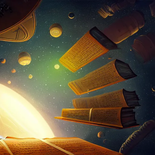 Image similar to long shot of an ancient book on a vintage table in space, concept art, sci - fi illustration, painting, realistic, global illumination, radiant light, detailed and intricate environment, 8 k, h 6 4 0