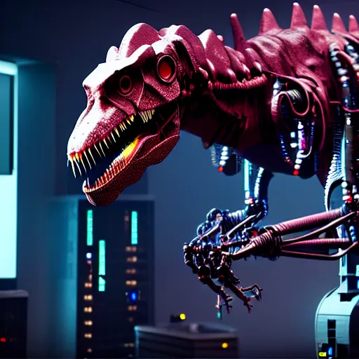 Image similar to Cyberpunk cyborg t-rex in a lab, extended robotic arms, Photorealistic, 3D, octane render, 8K, as coherent as Dall-E 2