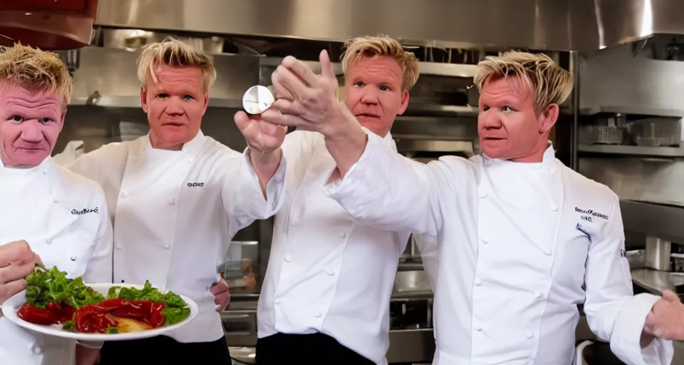 Image similar to gordon ramsay and gordon ramsay showing the camera a dish that each of them prepared