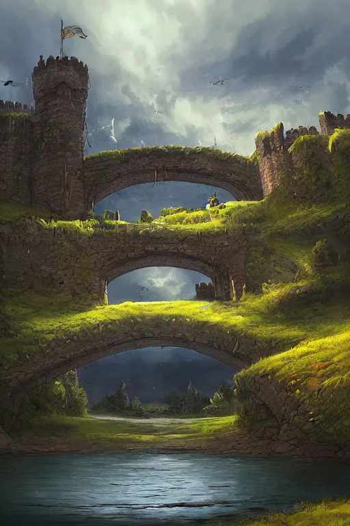 Image similar to hills bridge moat castle concept art gothic fantasy sky, andreas rocha style