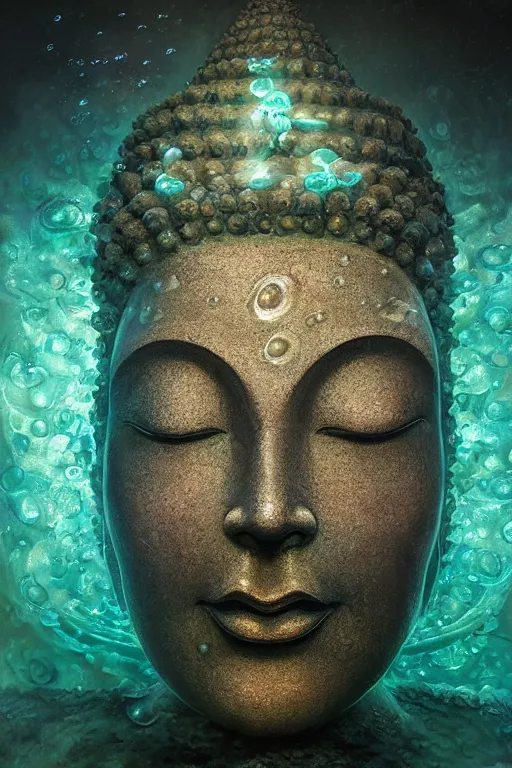 Prompt: a stunning ultra detailed underwater fantasy closeup photo of a buddha head granite statue surrounded by bioluminescent jelly fishes, by tomasz alen kopera and tom bagshaw, water bubbles, very detailed, deep depth of field, 8 5 mm lens, soft lighting, artstation, highly coherent, 8 k