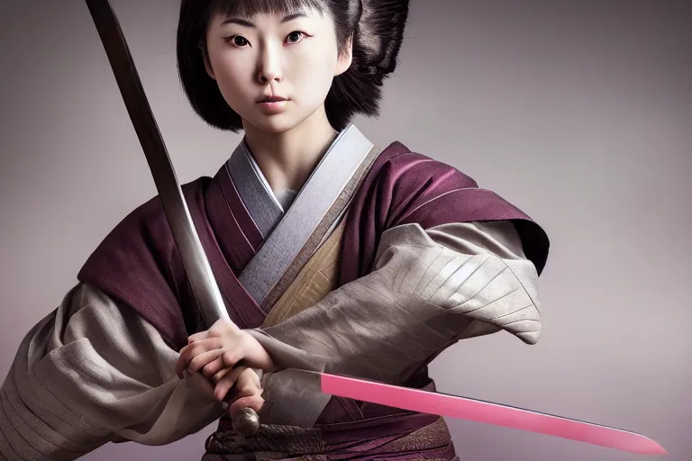 Image similar to beautiful photo of a young female samurai, practising sword stances, symmetrical face, beautiful eyes, realistic anime art style, large oversized anime style sword, highly detailed, 8 k, award winning photo, muted pastels, action photography, 1 / 1 2 5 shutter speed, dramatic lighting