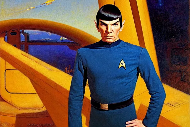 Prompt: young spock ( leonard nimoy ), the vulcan officer from star trek, in his blue and gold uniform, standing on the bridge of the enterprise. oil painting in the style of edward hopper and ilya repin gaston bussiere, craig mullins. warm colors. detailed and hyperrealistic.