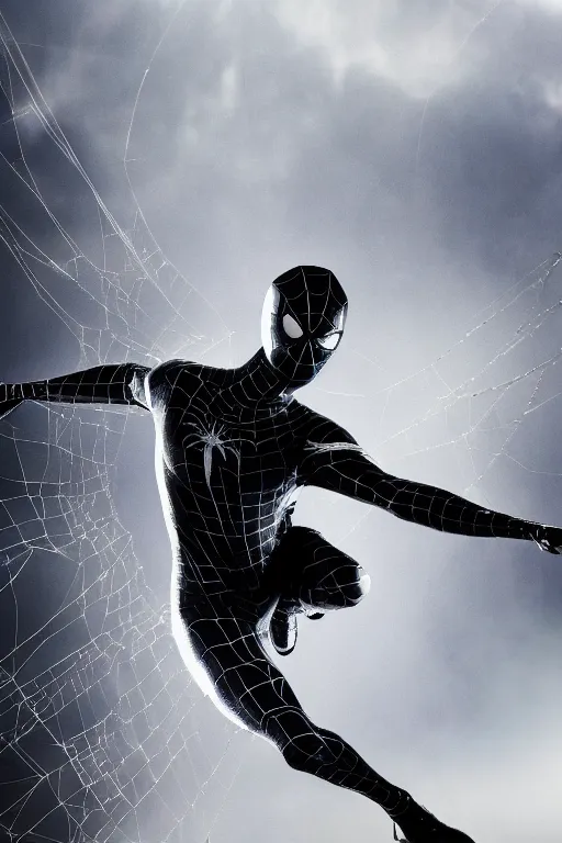 Prompt: metallic reflective silver and black spider-man, character poster, dramatic lighting, atmospheric dust, intense lens flare, hazy city backdrop