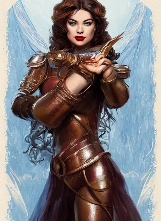 Image similar to beautiful female dorothy gale, rebecca romijn as dorothy, full body character concept, covered in full leather armor, art nouveau, super powers, fantasy, intricate, elegant, highly detailed, digital painting, artstation, concept art, shining, sharp focus, illustration, art by stanley lau