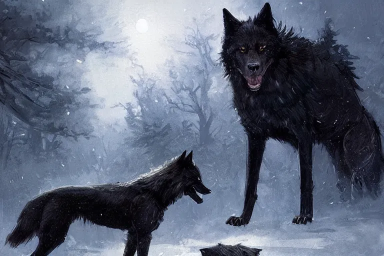 Prompt: a giant black wolf stalking through a nice suburban neighborhood, with nice cars in and frontyards, at midnight, by greg rutkowski