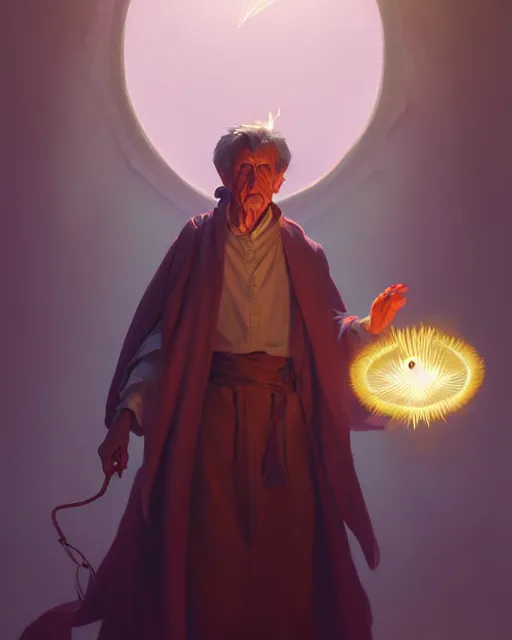 Image similar to highly detailed vfx portrait of an old mage casting a light spell, unreal engine, greg rutkowski, loish, rhads, beeple, makoto shinkai and lois van baarle, ilya kuvshinov, rossdraws, tom bagshaw, alphonse mucha, global illumination, detailed and intricate environment