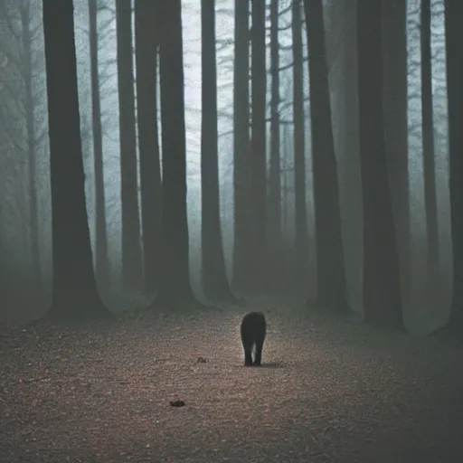 Image similar to a short furry monster with black fur walks out of a misty forest, silhouette, 3 5 mm