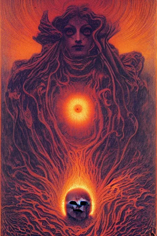 Image similar to the face of the black hole sun, in the style of gustav moreau, jean delville,  Gaston Bussiere and wayne barlowe composition by austin osman spare