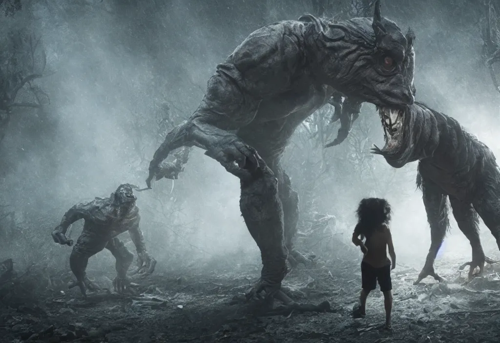 Prompt: vfx film, monster creature by aaron sims, in residential street, low - key lighting award winning photography arri alexa cinematography, hyper real photorealistic cinematic beautiful, atmospheric