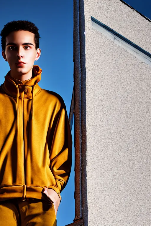 Image similar to un ultra high definition studio quality high fashion photographic portrait of a young man standing on the rooftop of an apartment building wearing all eclectic soft clothes and a reflective face shield. three point light. extremely detailed. golden hour, golden ratio, ray tracing, volumetric light, shallow depth of field. set dressed.