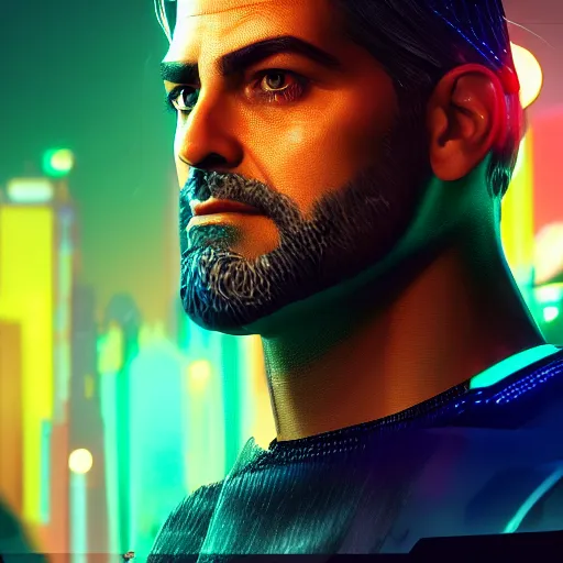 Prompt: young george clooney portrait, cyberpunk 2 0 7 7, cyberpunk jackie welles, photorealistic, ultra detailed, neon, octane, bokeh, cinematic lighting, cyber, cyberpunk city, studio quality, feature, scars, cyberface, 8 k