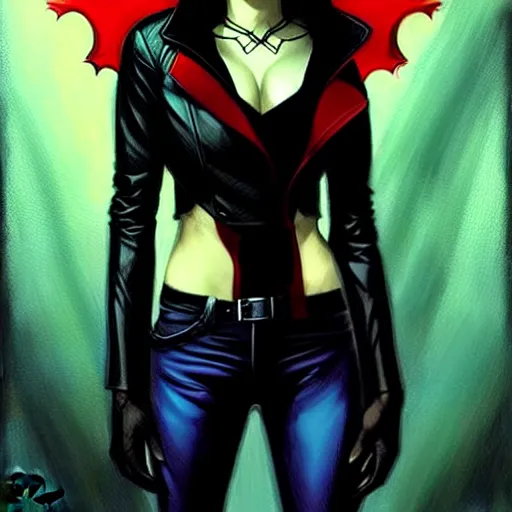 Image similar to rafael albuquerque comic art, peter mohrbacher, steve niles, artgerm, pretty scarlett johansson vampire sharp vampire teeth open mouth, symmetrical eyes, black leather jacket, jeans, long blonde hair