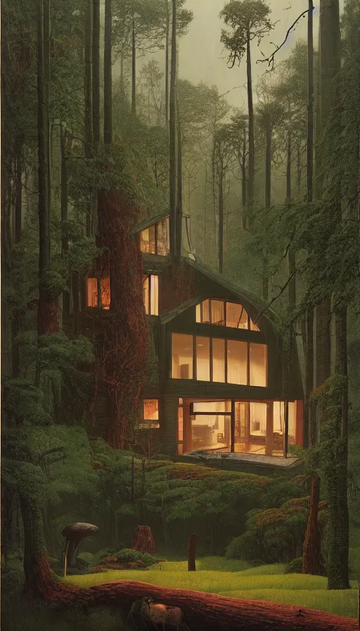 Prompt: cozy ultra modern home in the woods moody lighting, highly detailed, painting by zdzisław beksinski and norman rockwell and greg rutkowskiweta studio, and lucasfilm