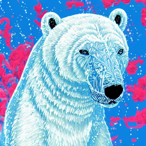 Prompt: blue paper + an intricate polar bear and a beauty depiction + elaborate red illustration, very detailed, deviantart, 8 k vertical wallpaper, tropical, colorful, airy, anime illustration, anime nature